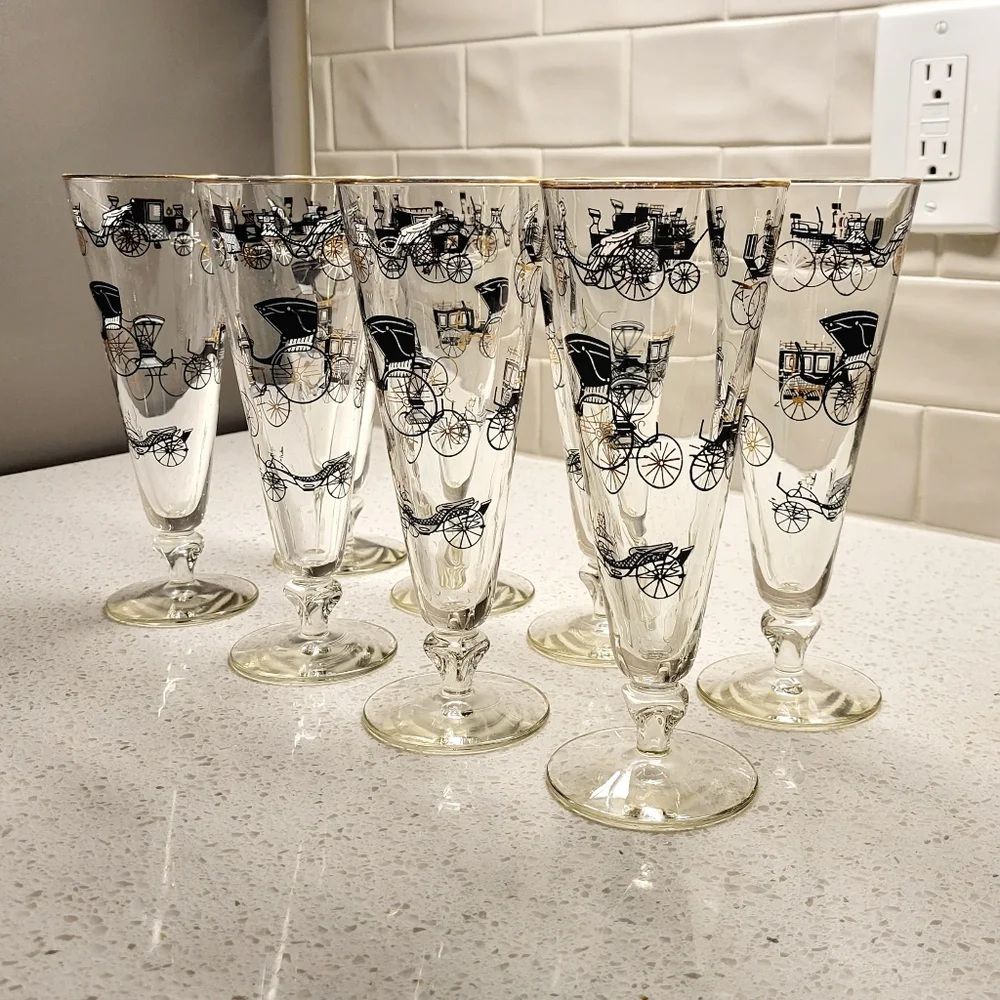 Vintage MCM Libbey Antique Stagecoach Pilsner Glasses Set‎ of 8